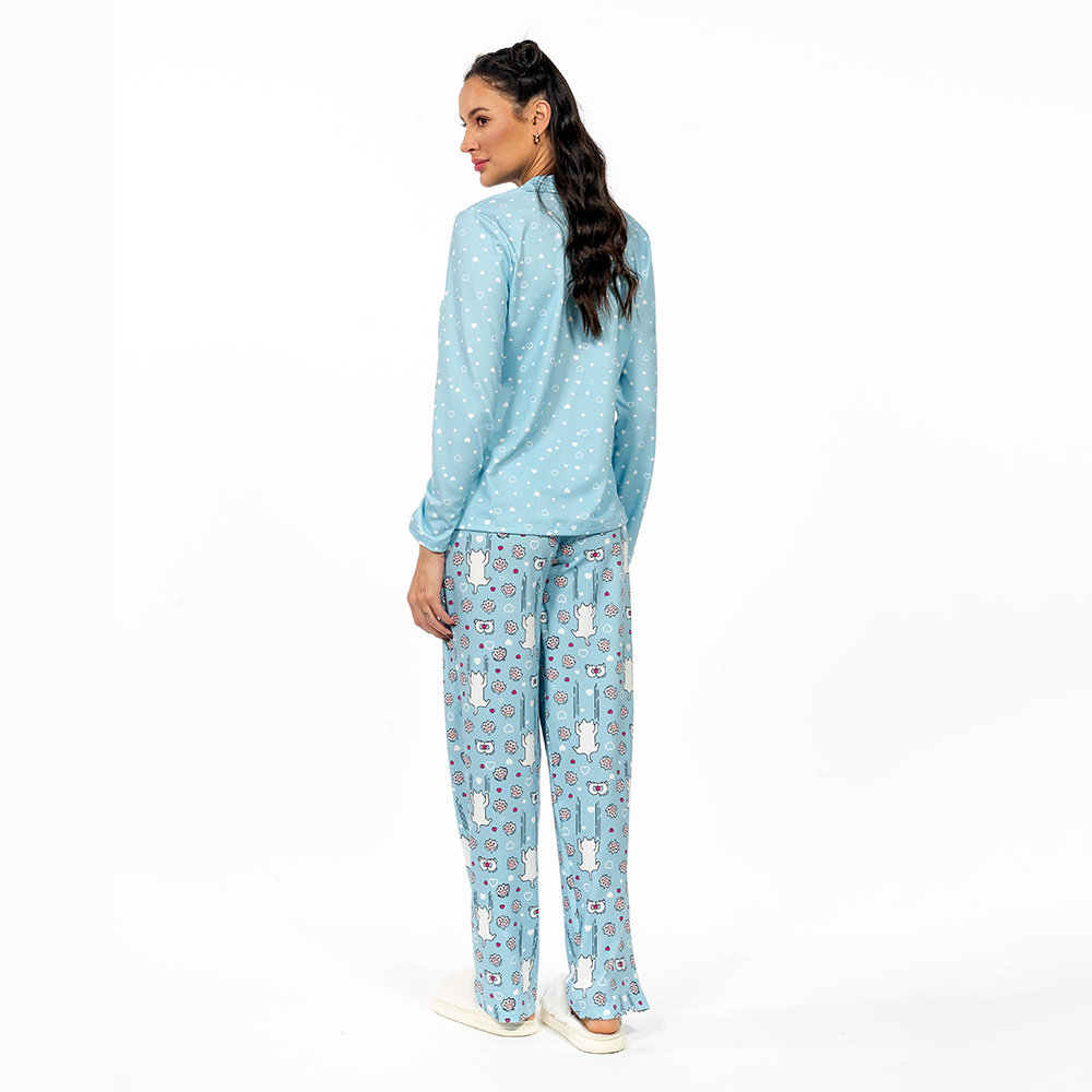 Conjunto Pijama Americano Longo Adulto Gato Escorregando