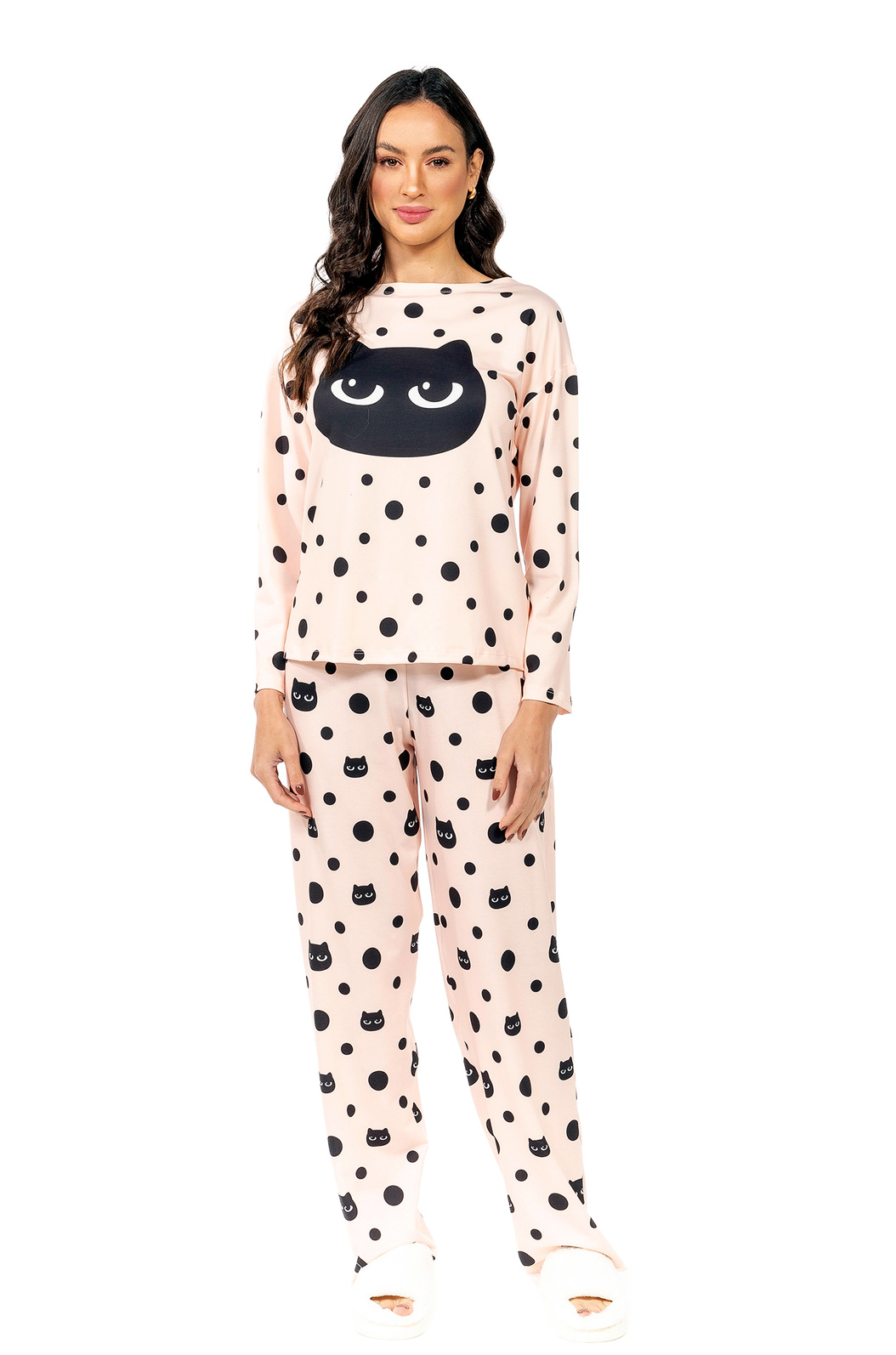 Pijama Feminino Manga Longa Adulto Estampado Poá Gato Preto Pijama Feminino Manga Longa Adulto Estampado Poá Gato Preto