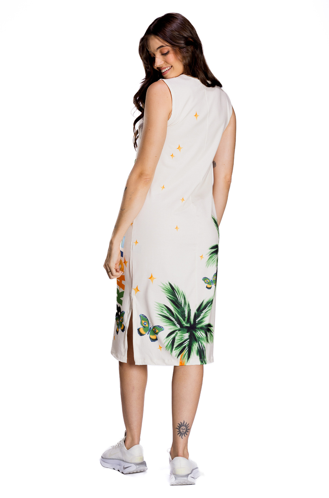 Vestido Feminino Clássico Midi Estampado Elementos Brasil Aquarela Vestido Feminino Clássico Midi Estampado Elementos Brasil Aquarela