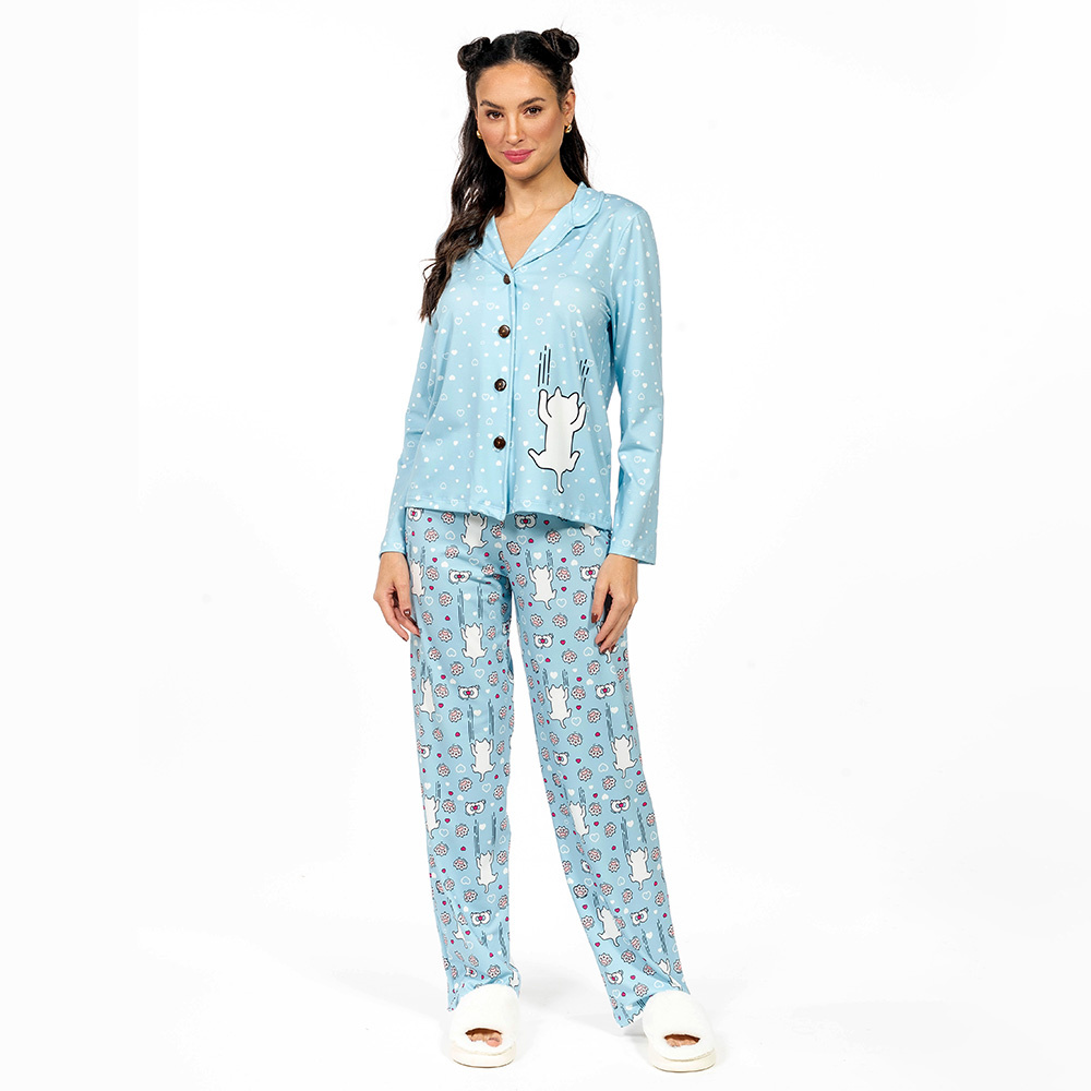 Conjunto Pijama Americano Longo Adulto Gato Escorregando