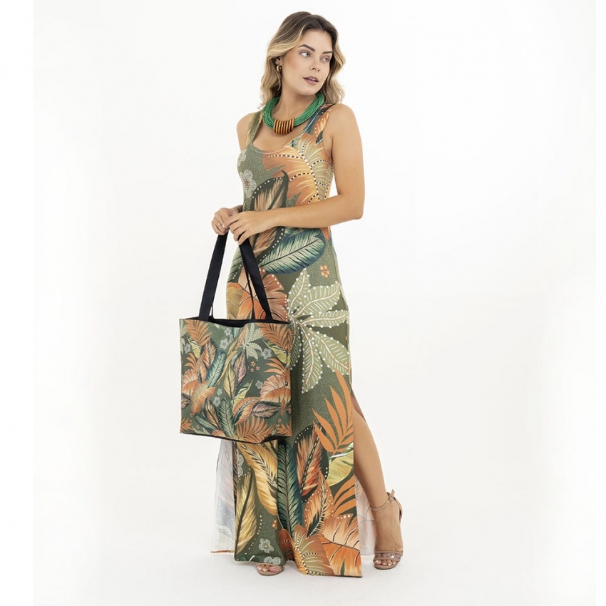 Vestido Hortência Folhagens Laranja, Amarelo e Verde, Flores Pontilhadas, Fundo Verde Vestido Hortência Folhagens Laranja, Amarelo e Verde, Flores Pontilhadas, Fundo Verde