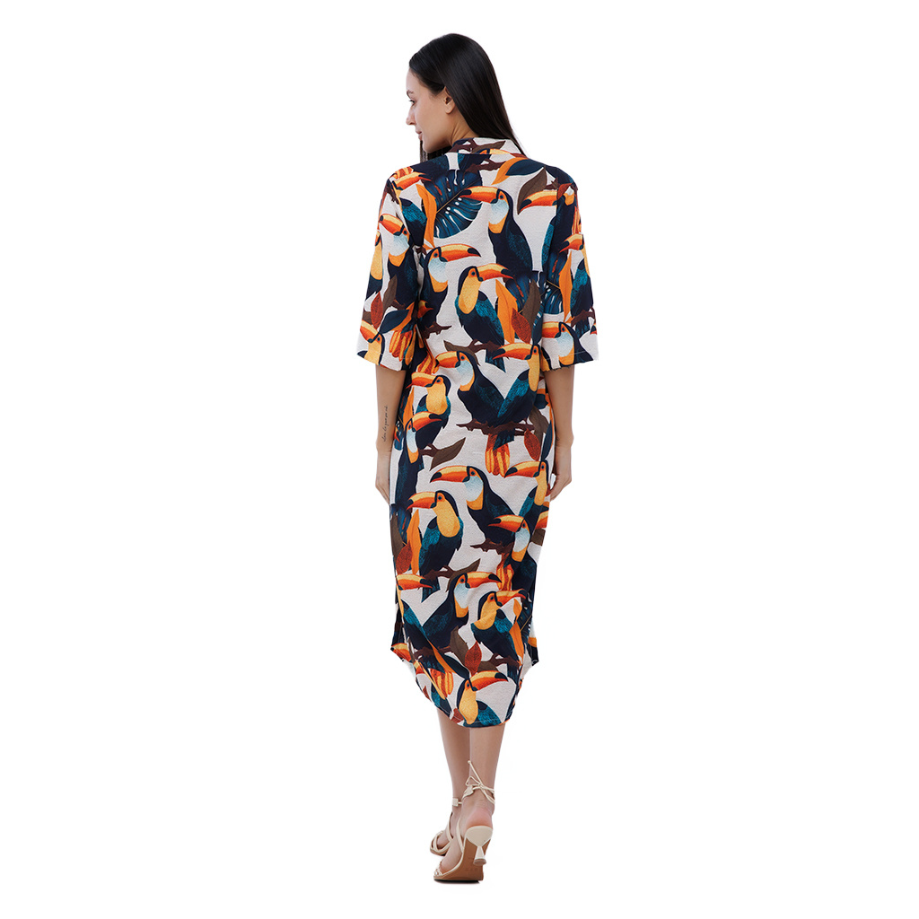 Vestido Feminino Chemise Atena Gola Padre Estampado Tucanos Tela Bordada