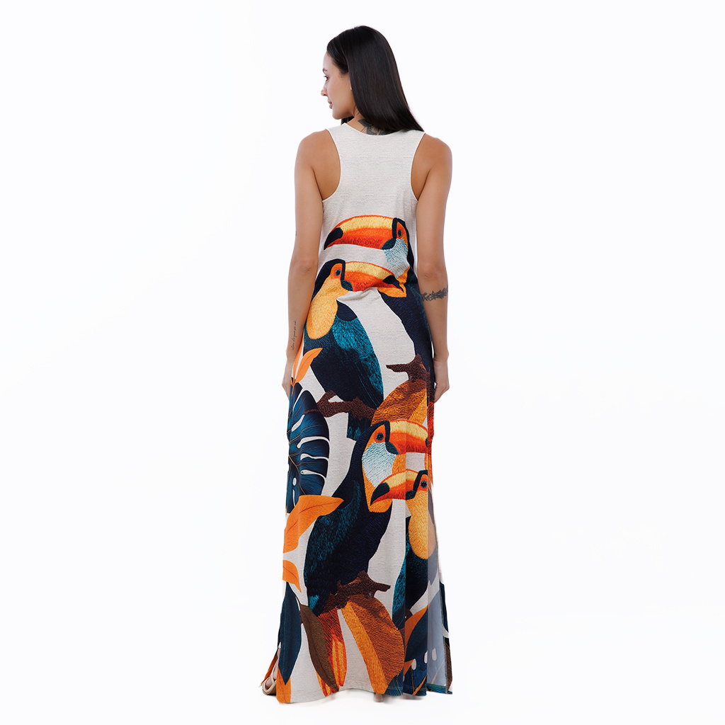Vestido Feminino Hortência Estampado Tucanos Tela Bordada
