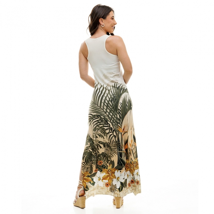 Vestido Hortência Pássaros com Barrado em Flores Vestido Hortência Pássaros com Barrado em Flores