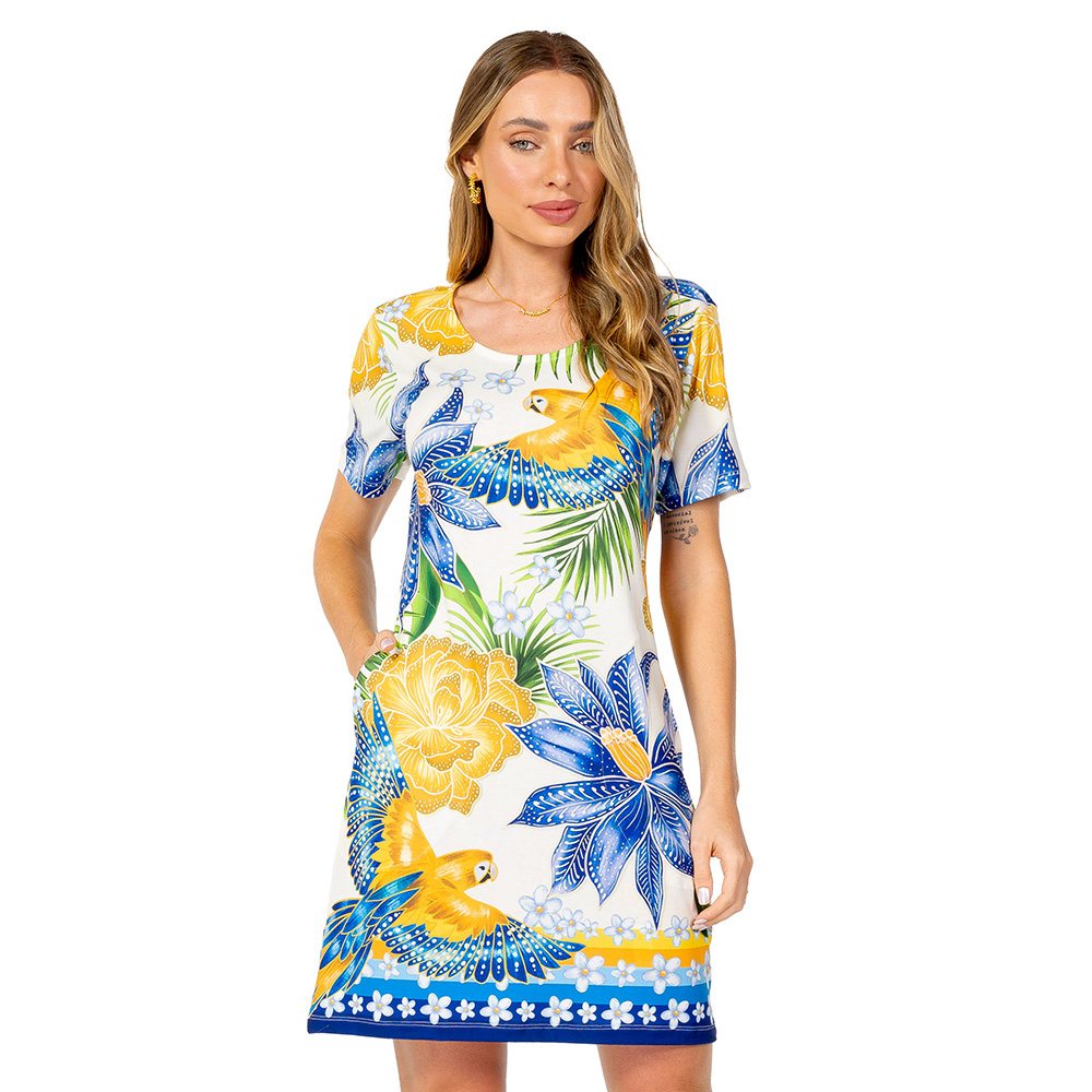 Vestido Floresta Araras Flores Cores Brasil