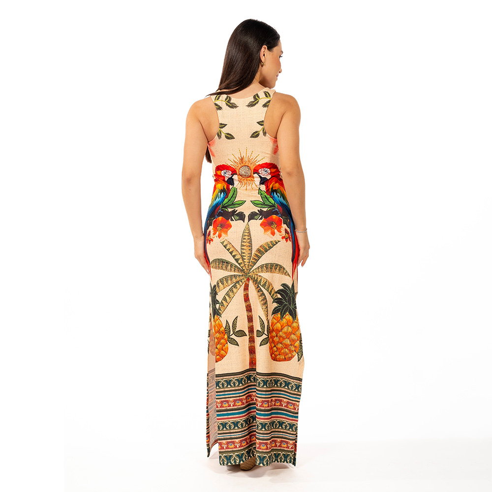 Vestido Hortencia Aves Tropicais Barrado Vestido Hortencia Aves Tropicais Barrado