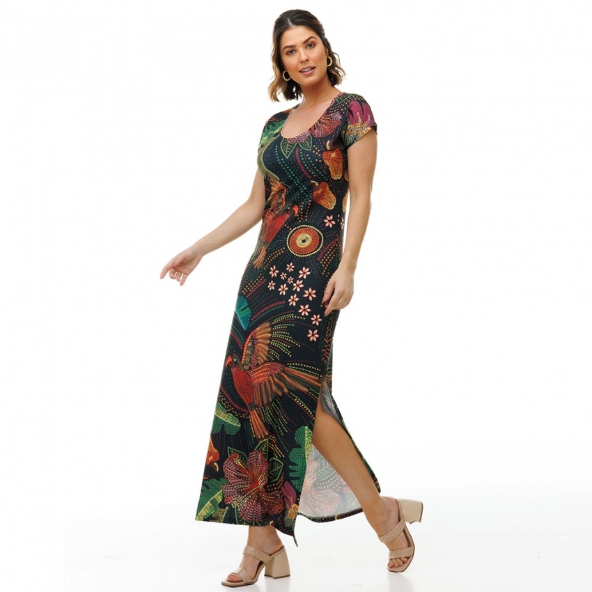 Vestido Longo Jeri Bordados Araras Vestido Longo Jeri Bordados Araras