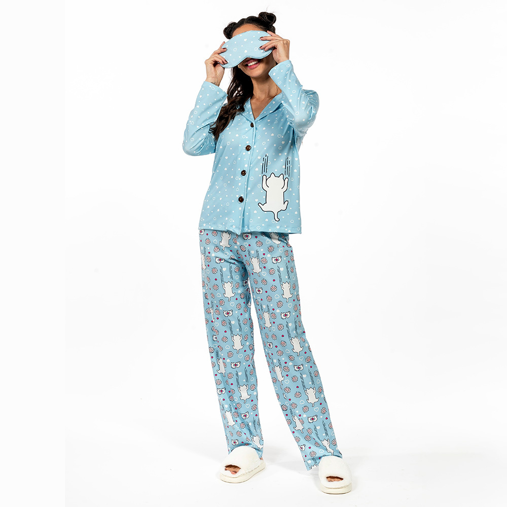 Conjunto Pijama Americano Longo Adulto Gato Escorregando