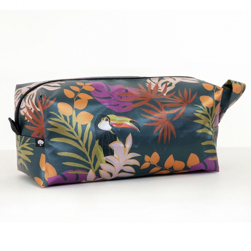 Necessaire Tucanos com Folhagens Coloridas e Fundo Verde Petróleo