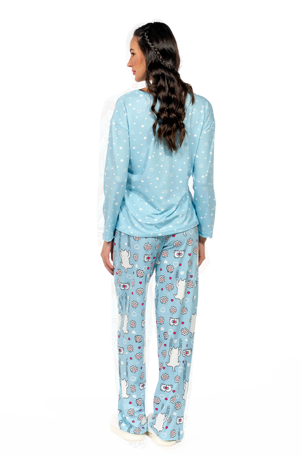 Pijama Feminino Manga Longa Adulto Estampado Gato Escorregando Pijama Feminino Manga Longa Adulto Estampado Gato Escorregando
