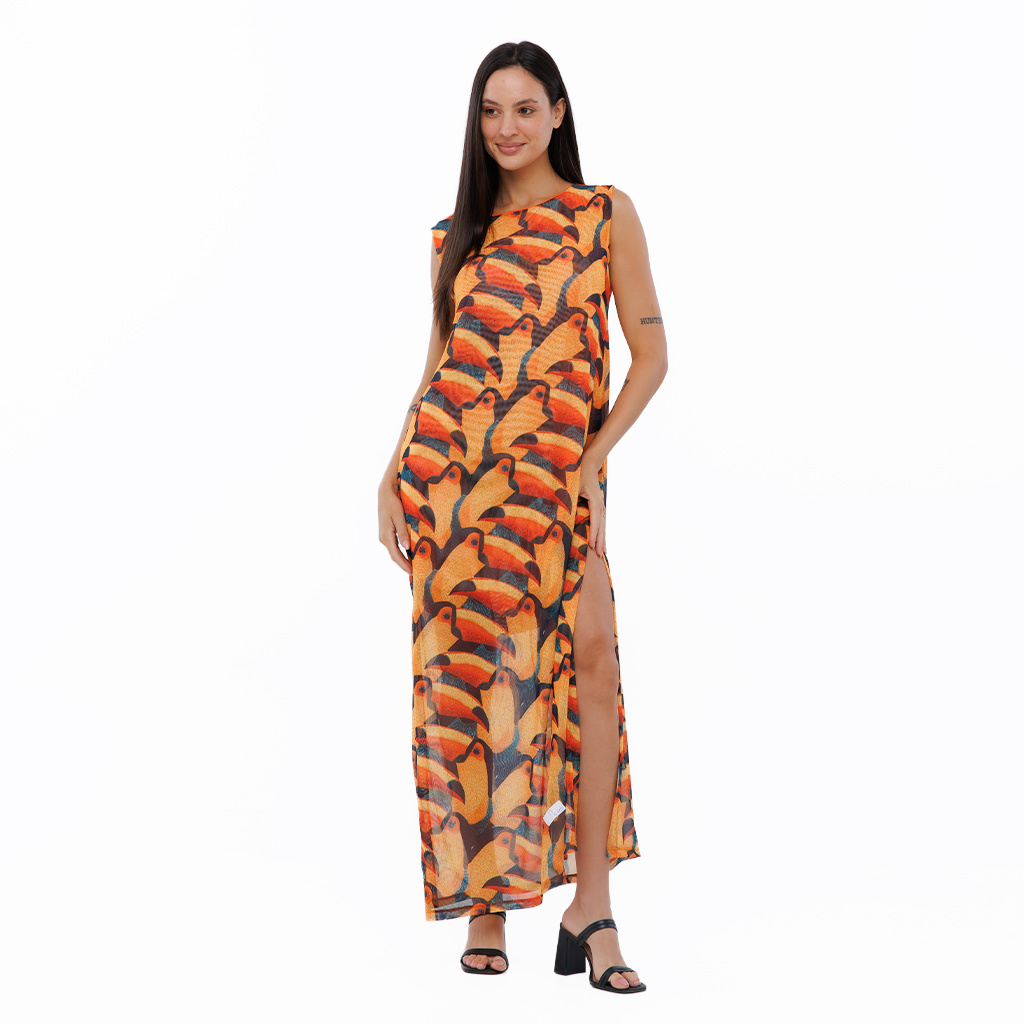 Vestido Feminino Tule Maré Estampado Tucanos Tela Bordada