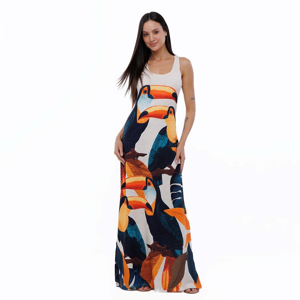 Vestido Feminino Hortência Estampado Tucanos Tela Bordada