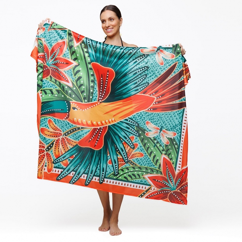 Canga Retangular Aves Color com Fundo Azul Textura Canga Retangular Aves Color com Fundo Azul Textura