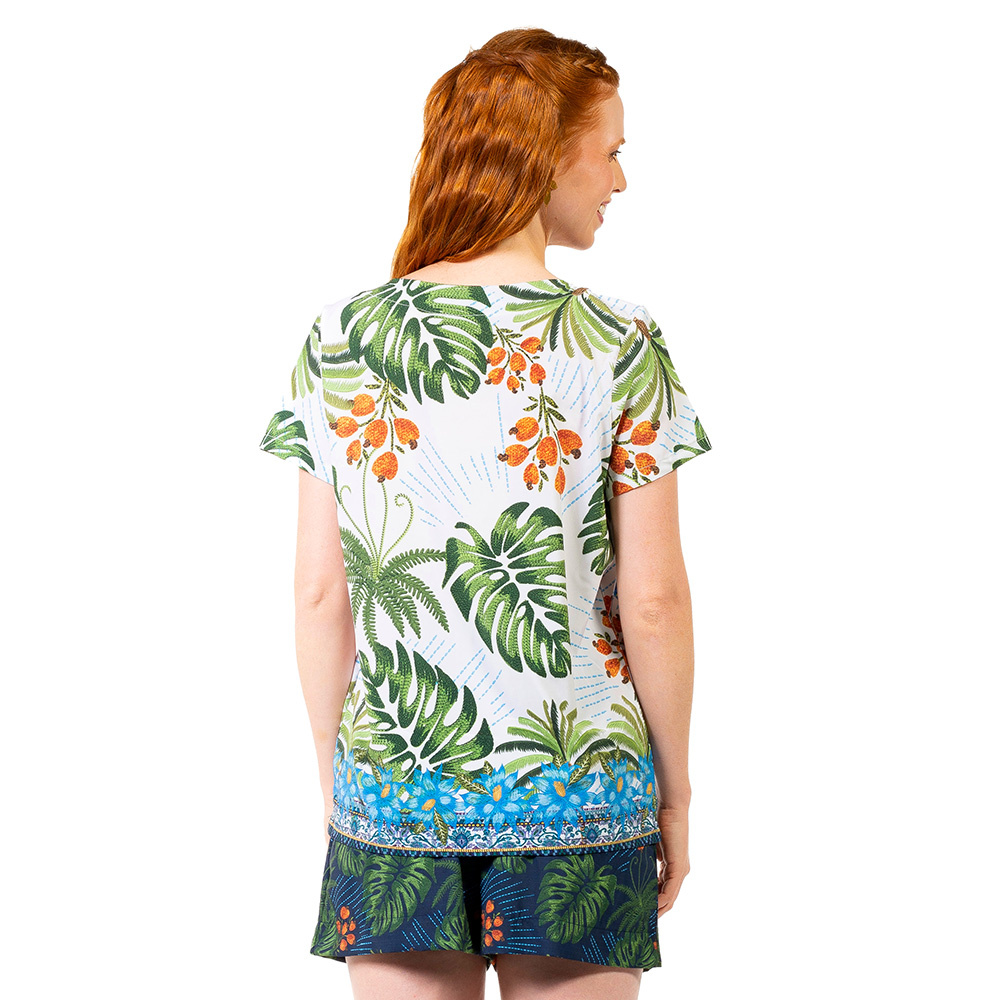 Blusa Atena Arara Bordado Barra Fundo Azul Blusa Atena Arara Bordado Barra Fundo Azul