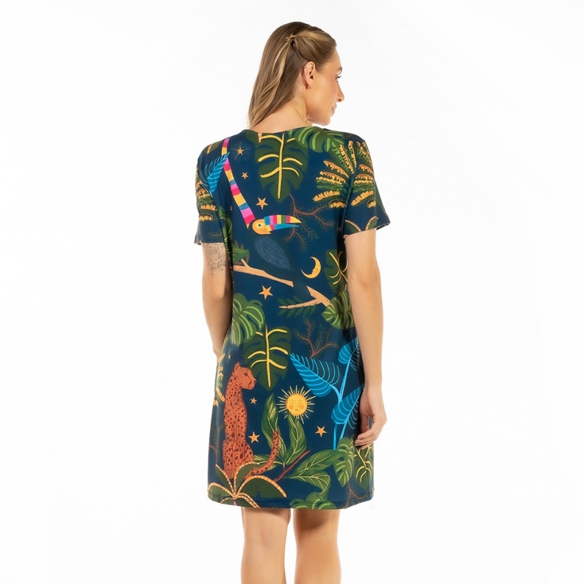 Vestido Floresta Onça, Tucano Folhagens Céu
