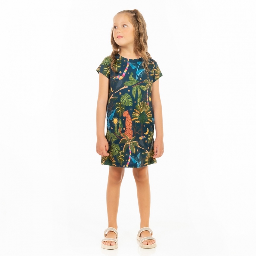 Vestido Floresta Infantil Onça Tucano Folhagens Céu Vestido Floresta Infantil Onça Tucano Folhagens Céu