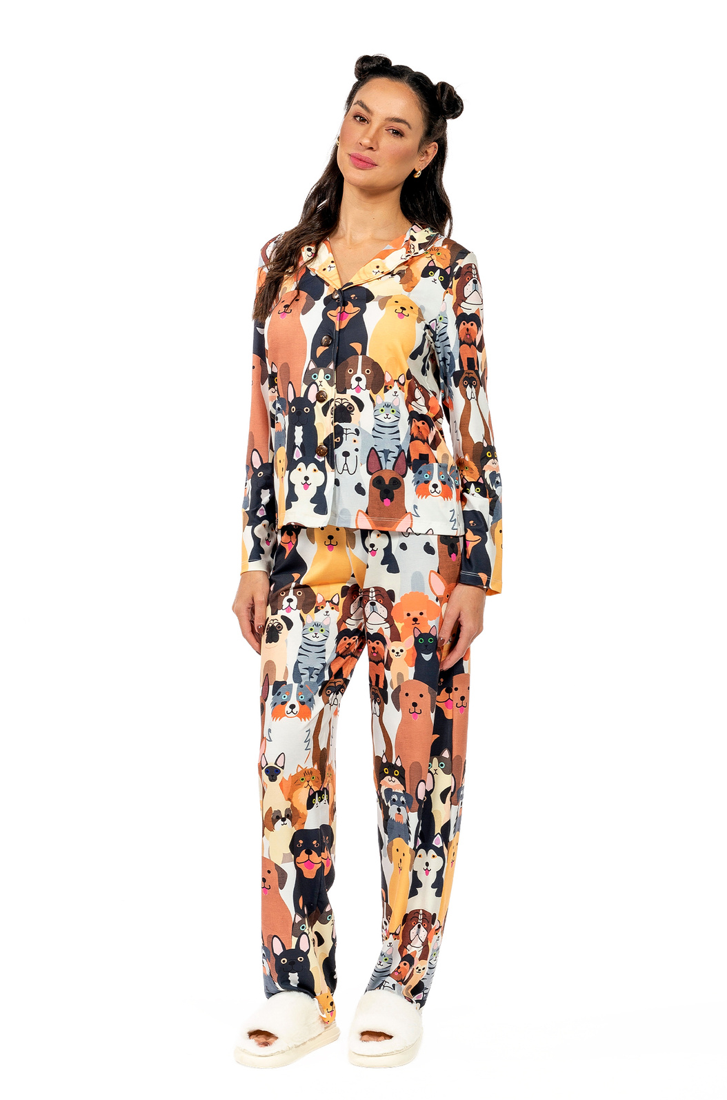 Pijama Feminino Manga Longa Americano Estampado Rapport Cachorrinhos Pijama Feminino Manga Longa Americano Estampado Rapport Cachorrinhos