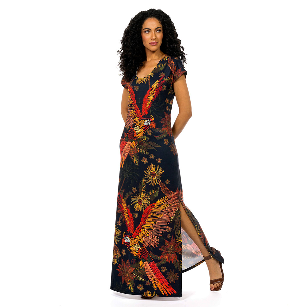 Vestido Longo Jeri Arara Flor Bordado Off