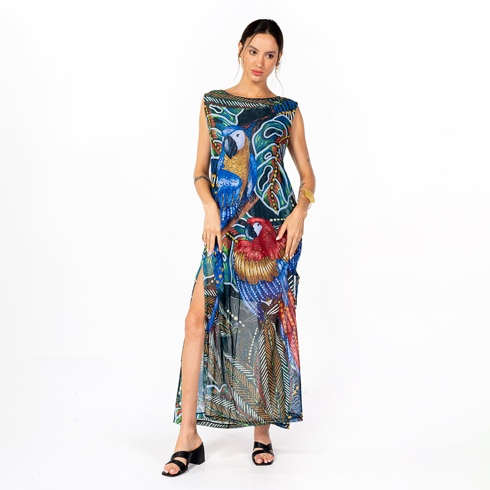 Vestido Estampado Tule Maré Araras e Cores