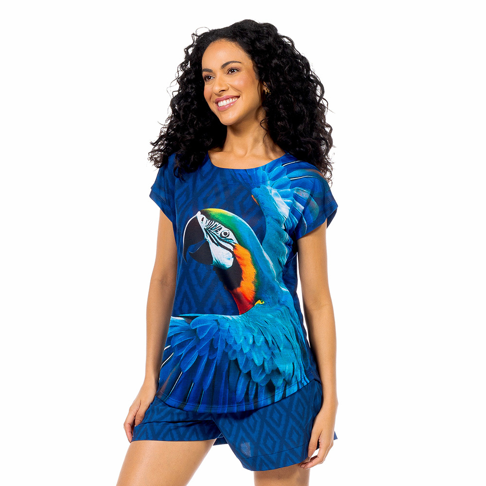 Blusa Jasmim Maxi Arara Fundo Azul
