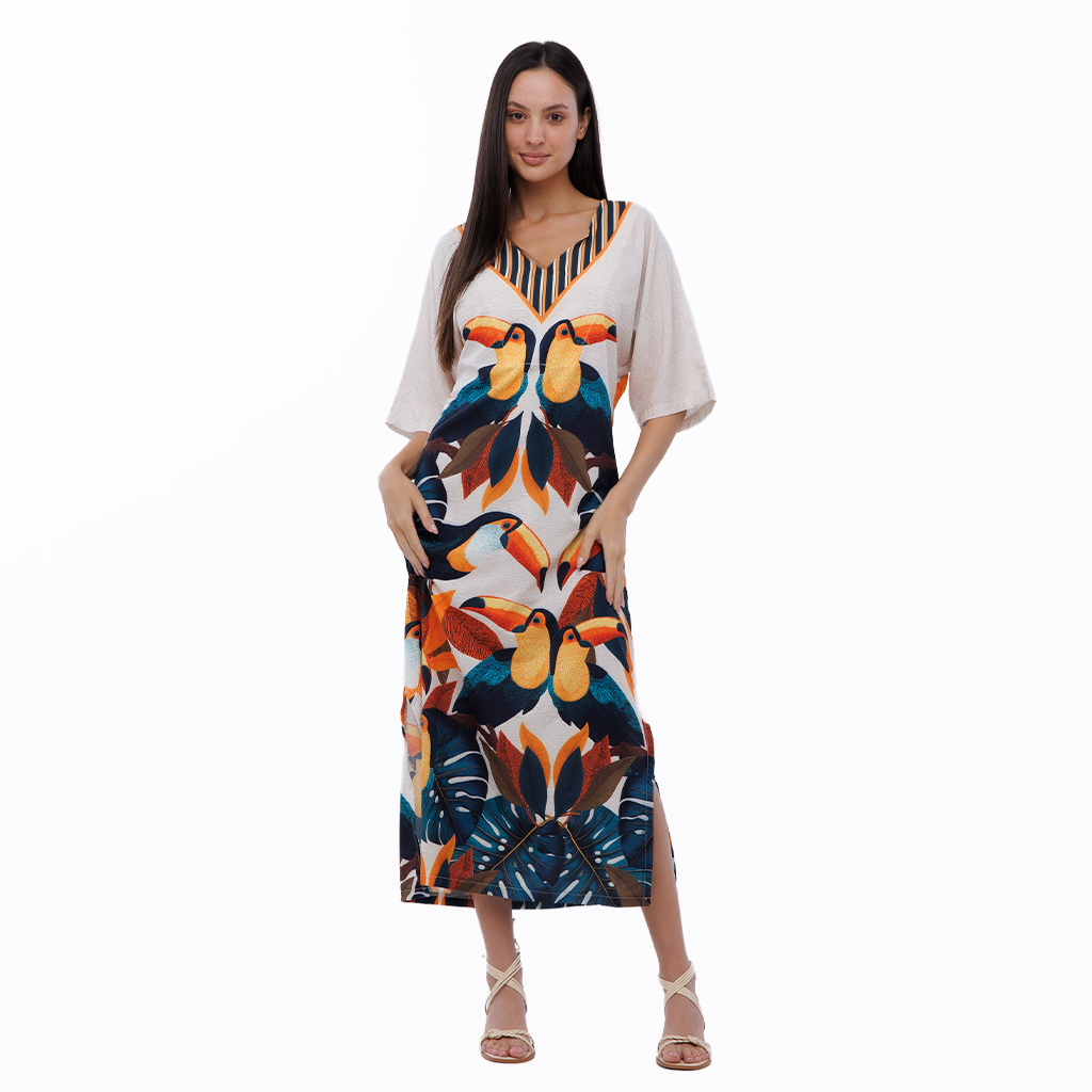 Vestido Feminino Kaftan Atena Estampado Tucanos Tela Bordada
