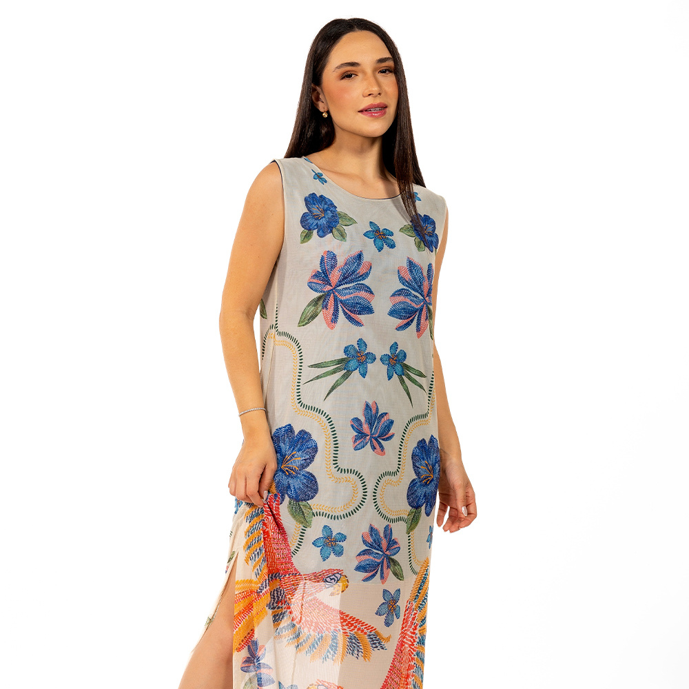 Vestido Estampado Tule Maré Passaros e Flores Bordado