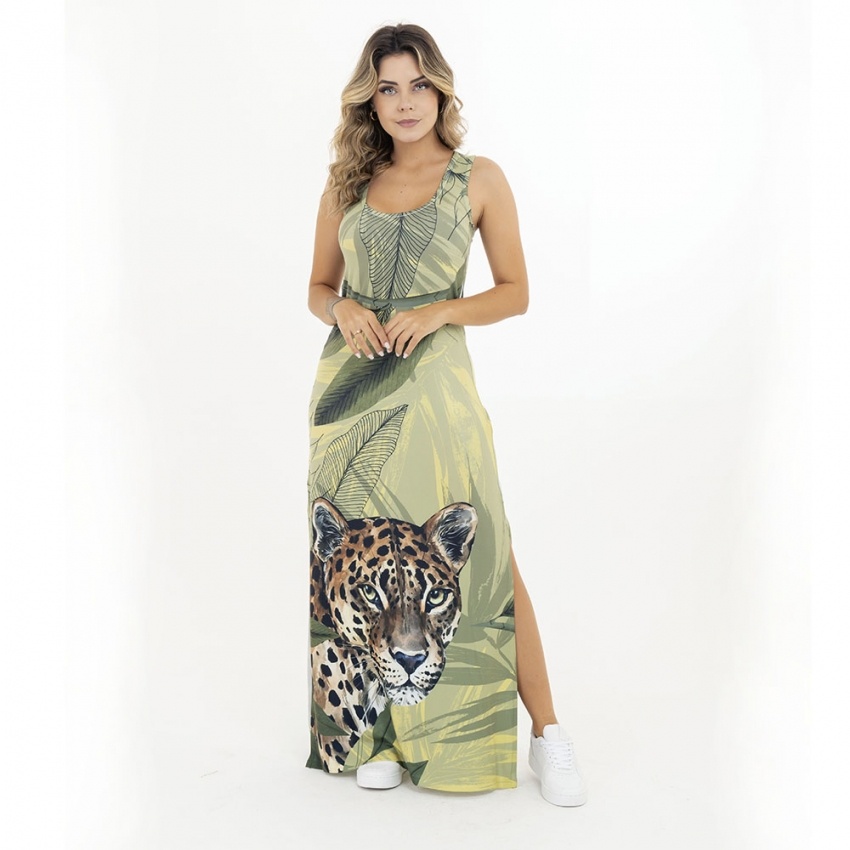 Vestido Hortência Maxi Onça com Folhagens em Tons de Verde Vestido Hortência Maxi Onça com Folhagens em Tons de Verde