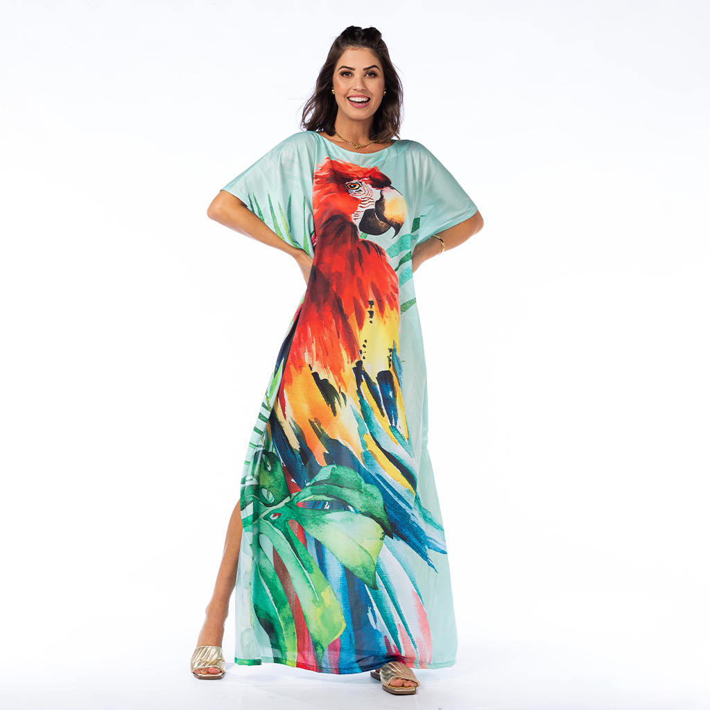 Vestido Feminino Kaftan Hibisco Estampado Arara Vermelha em Pintura Vestido Feminino Kaftan Hibisco Estampado Arara Vermelha em Pintura
