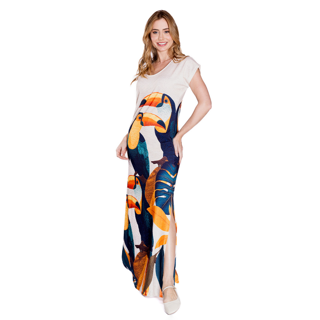 Vestido Feminino Jeri Longo New Estampado Tucanos Tela Bordada