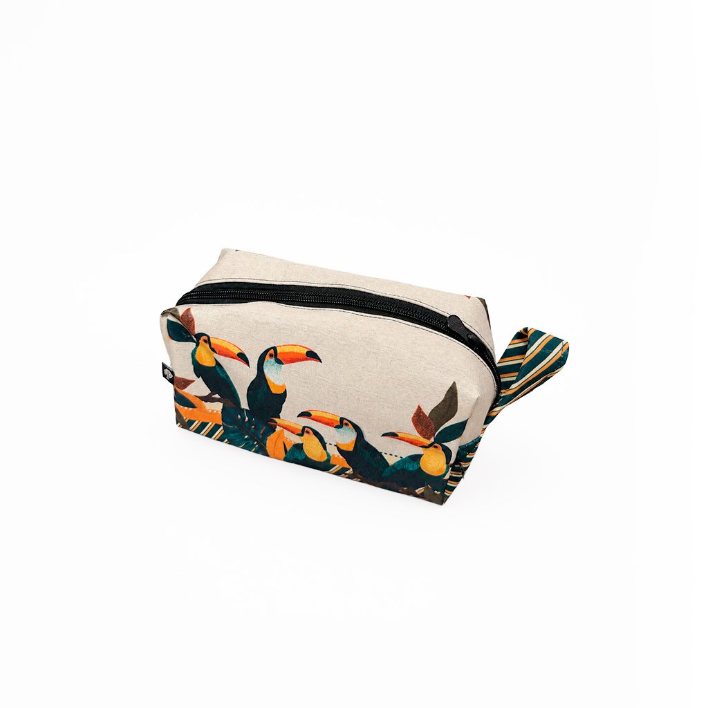 Necessaire Feminina Pequena Estampada Tucanos Tela Bordada