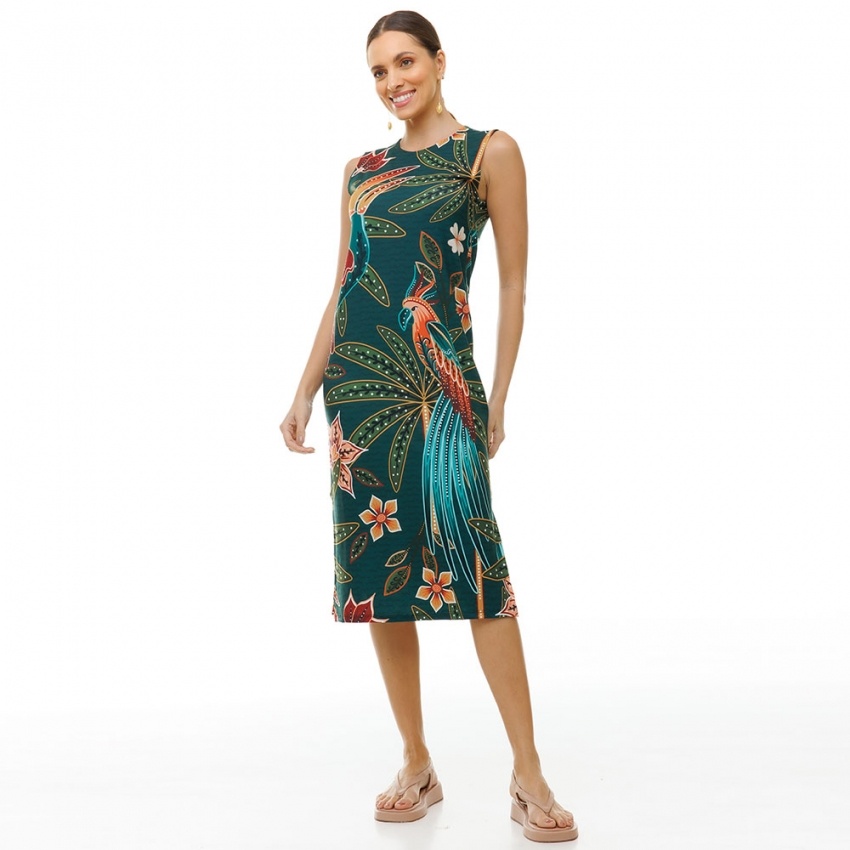 Vestido Estampado Clássico Midi Pássaros e Flores Vestido Estampado Clássico Midi Pássaros e Flores