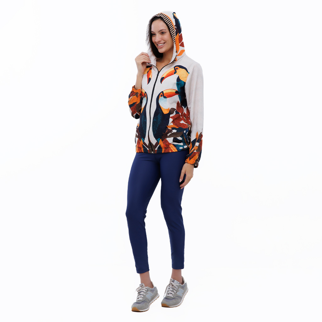 Jaqueta Feminina Corta Vento Ecoventura Estampada Tucanos Tela Bordada
