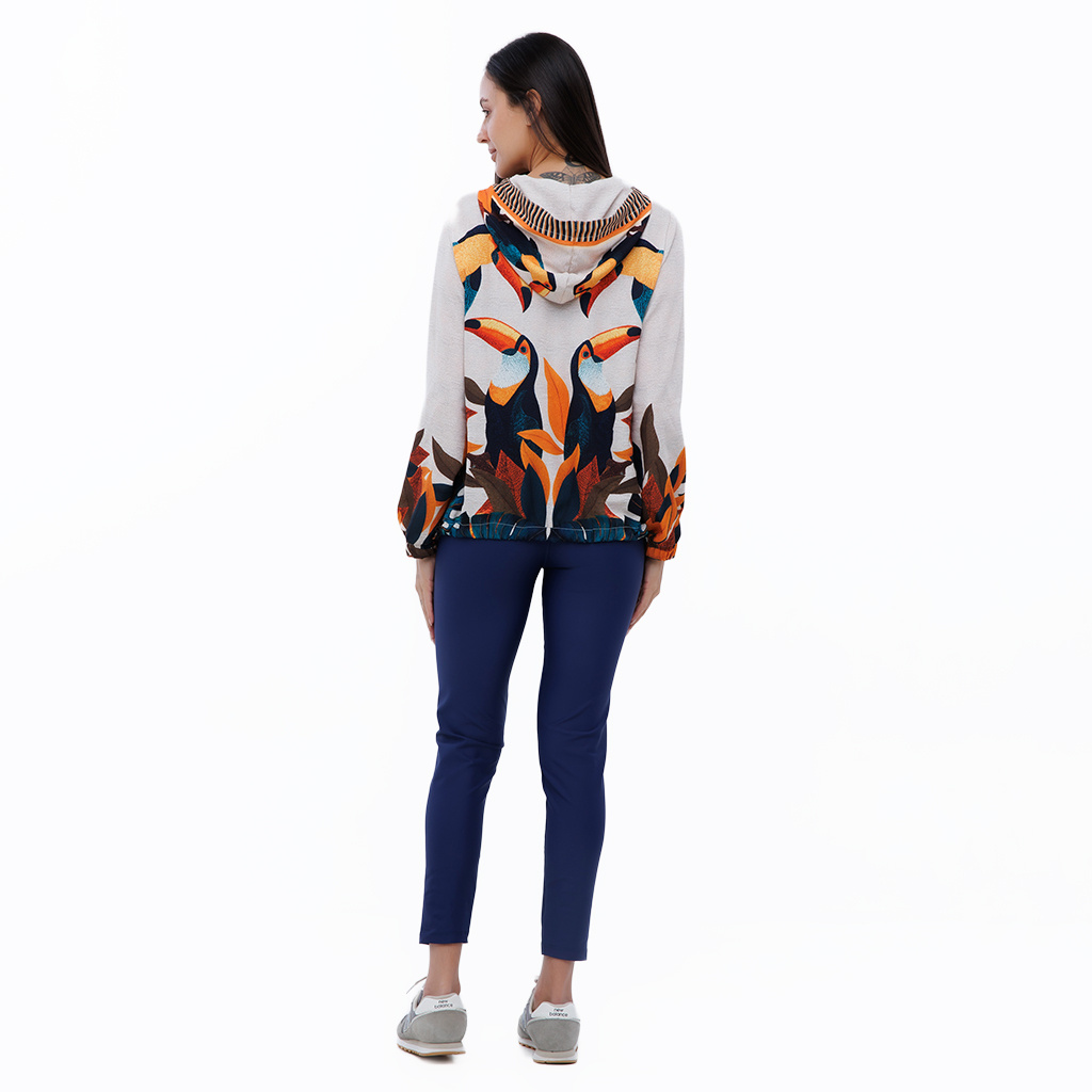 Jaqueta Feminina Corta Vento Ecoventura Estampada Tucanos Tela Bordada