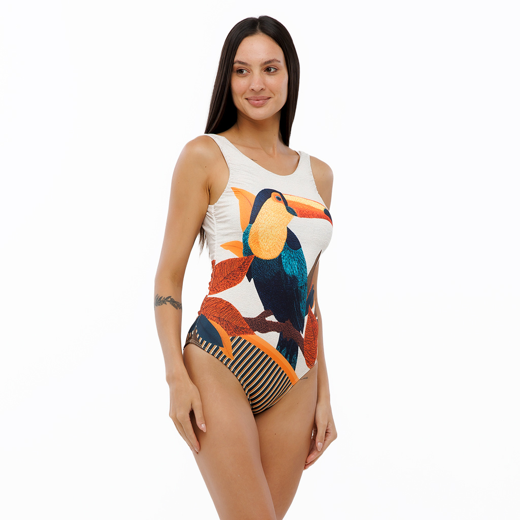 Body Feminino Regata Estampado Tucanos Tela Bordada