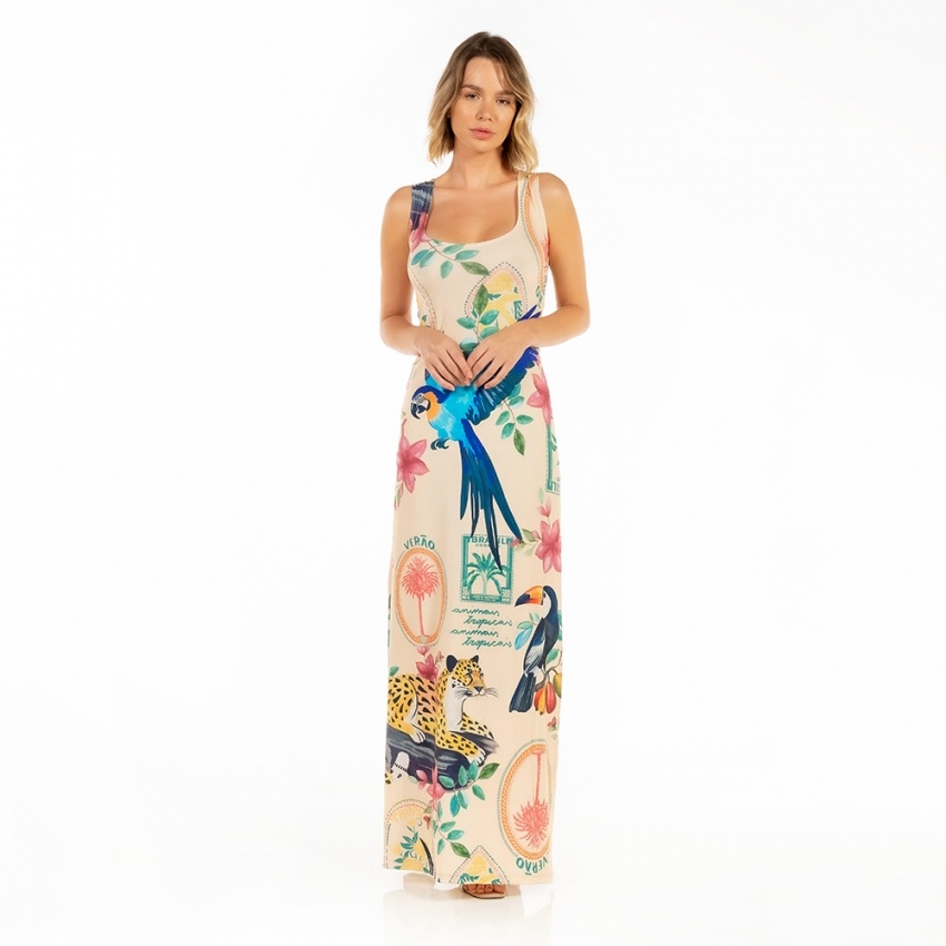 Vestido Hortência Bichos Flores Verão Postal Vestido Hortência Bichos Flores Verão Postal