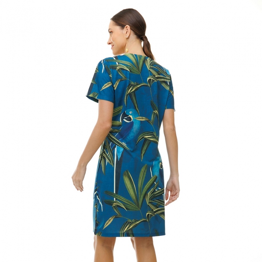 Vestido Floresta Arara Azul e Folhagens Verde