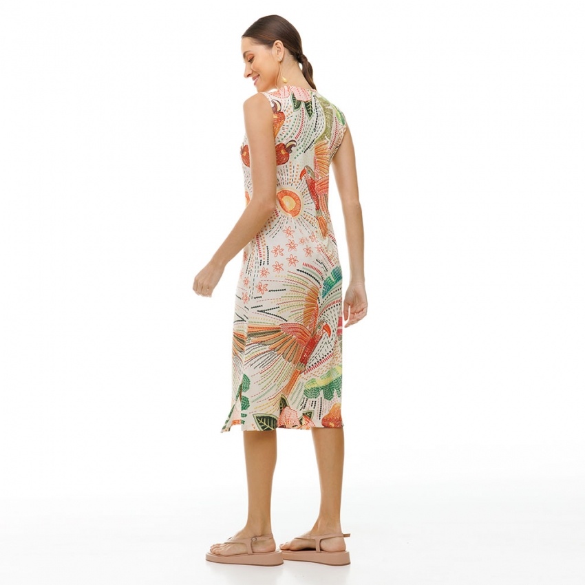Vestido Estampado Clássico Midi Bordados Araras Vestido Estampado Clássico Midi Bordados Araras