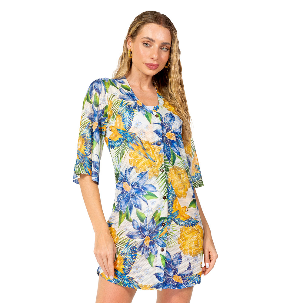Saída de Praia Chemise Alongada Araras Flores Cores Brasil Saída de Praia Chemise Alongada Araras Flores Cores Brasil