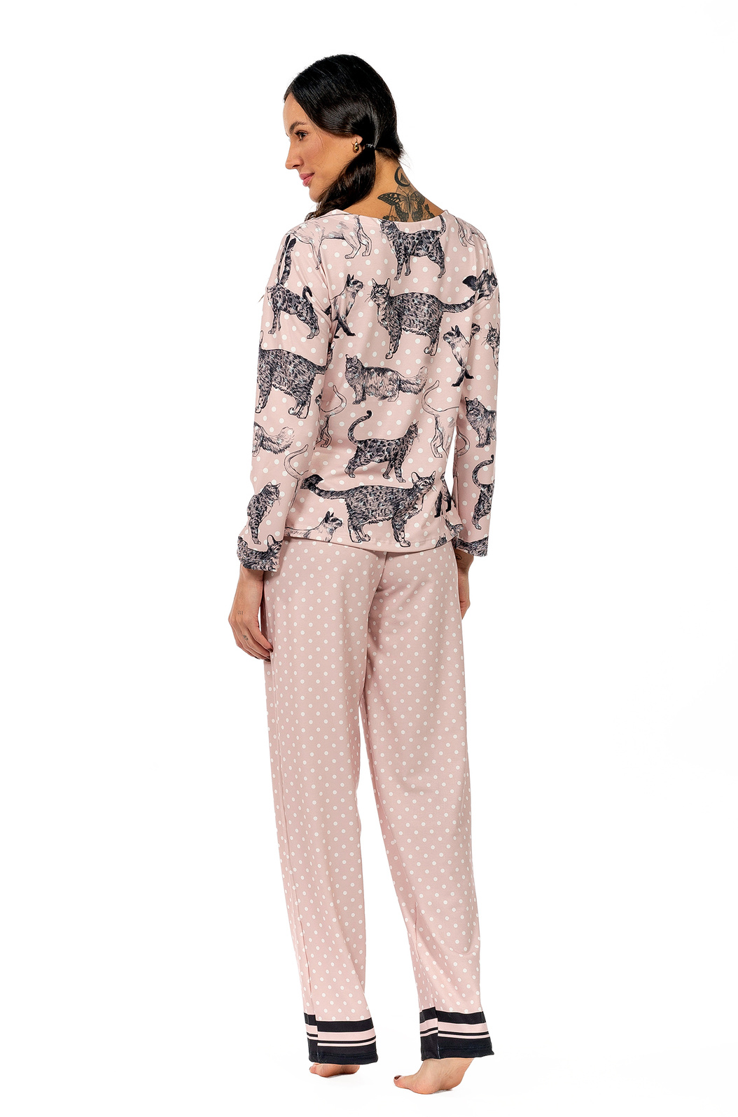 Pijama Feminino Manga Longa Adulto Estampado Gato Traços Poá Pijama Feminino Manga Longa Adulto Estampado Gato Traços Poá