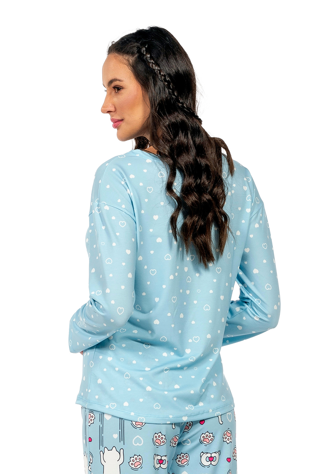 Pijama Feminino Manga Longa Adulto Estampado Gato Escorregando Pijama Feminino Manga Longa Adulto Estampado Gato Escorregando