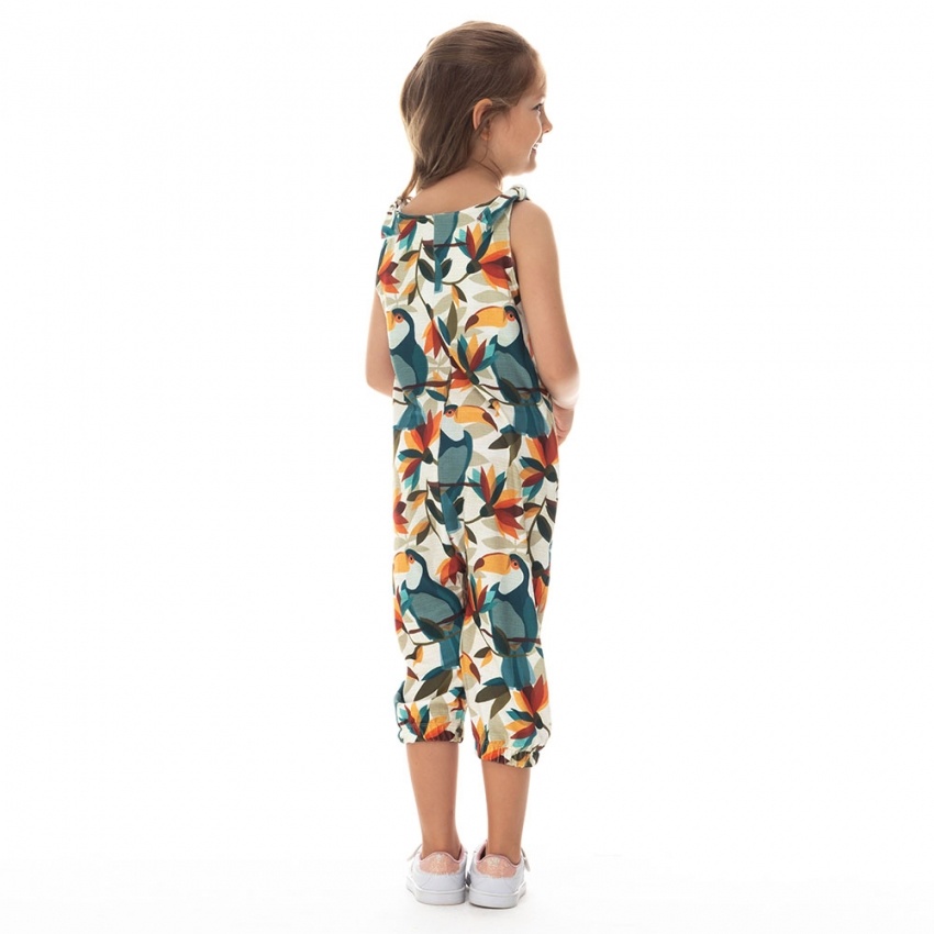 Macacão Infantil Com Bolso Tucano Flores Color Fundo Texturizado Macacão Infantil Com Bolso Tucano Flores Color Fundo Texturizado