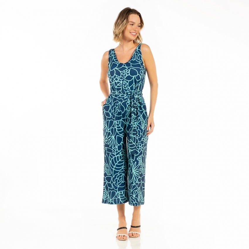 Macacão Bambú Tucano Flores Linhas Azul