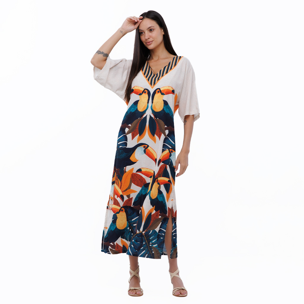 Vestido Feminino Kaftan Atena Estampado Tucanos Tela Bordada