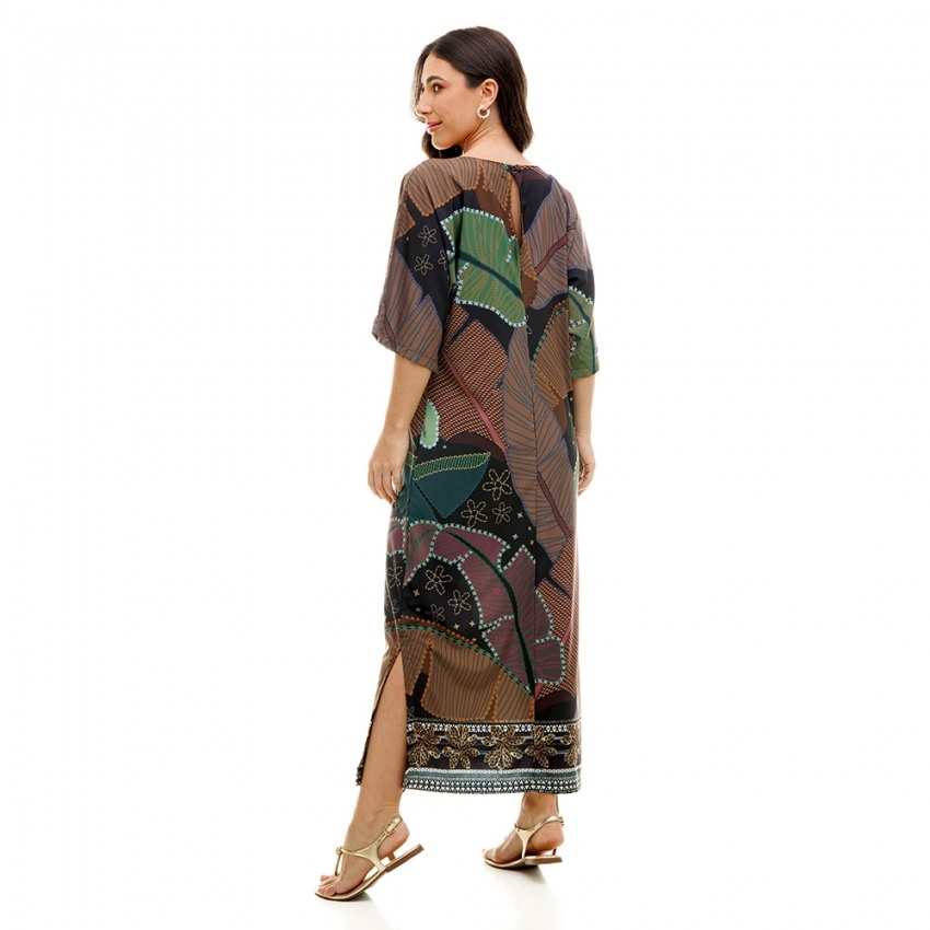 Kaftan Atena Maxi Onça com Folhas Coloridas e Barrado