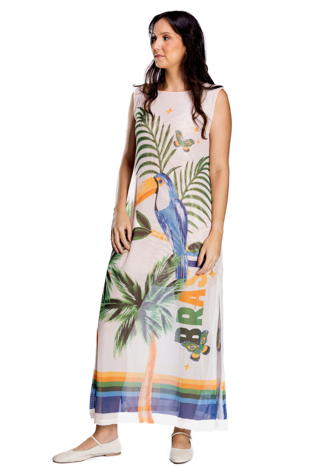 Vestido Feminino Tule Maré Estampado Elementos Brasil Aquarela Vestido Feminino Tule Maré Estampado Elementos Brasil Aquarela