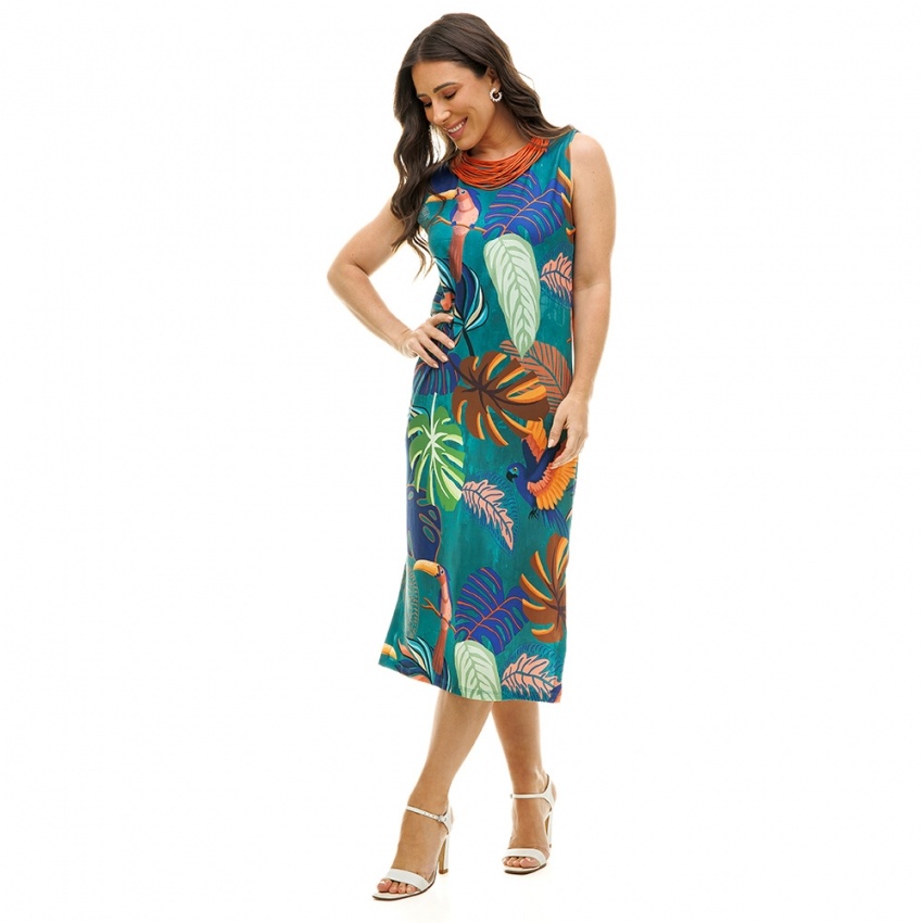 Vestido Estampado Clássico Midi Arara, Tucano e Folhas Coloridas Fundo Turquesa Vestido Estampado Clássico Midi Arara, Tucano e Folhas Coloridas Fundo Turquesa