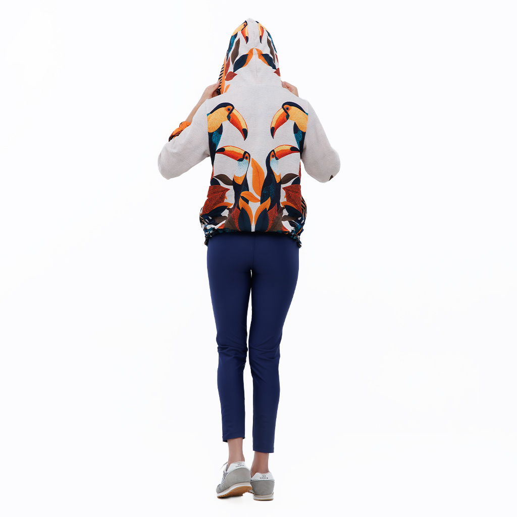 Jaqueta Feminina Corta Vento Ecoventura Estampada Tucanos Tela Bordada