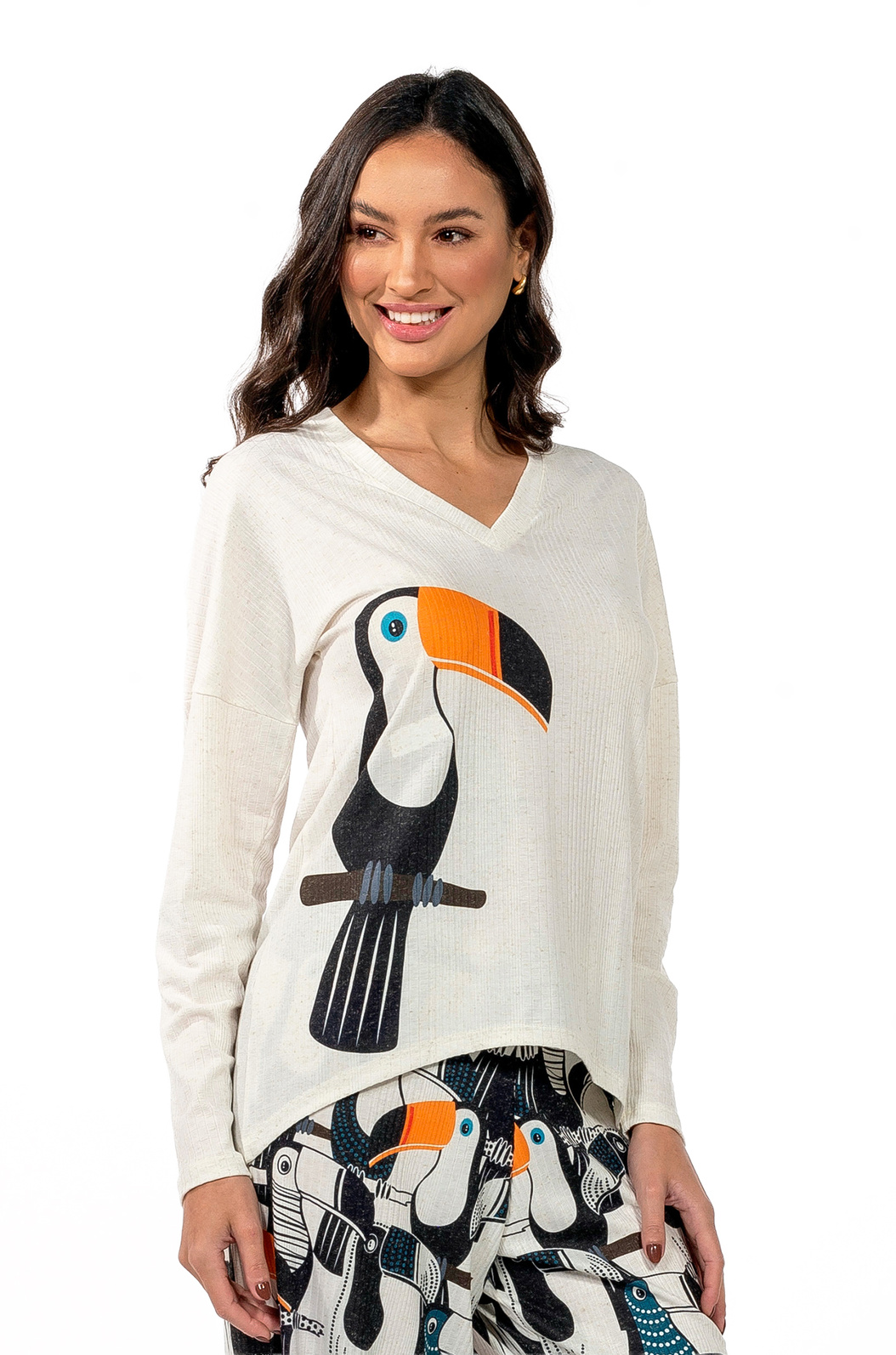 Pijama Feminino Manga Longa Canelado Estampado Tucano Vetor Pontos