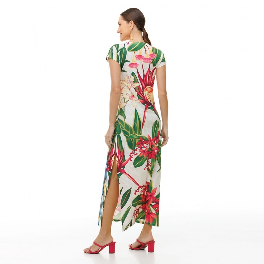 Vestido Longo Jeri Canindé com Flores Pink Vestido Longo Jeri Canindé com Flores Pink