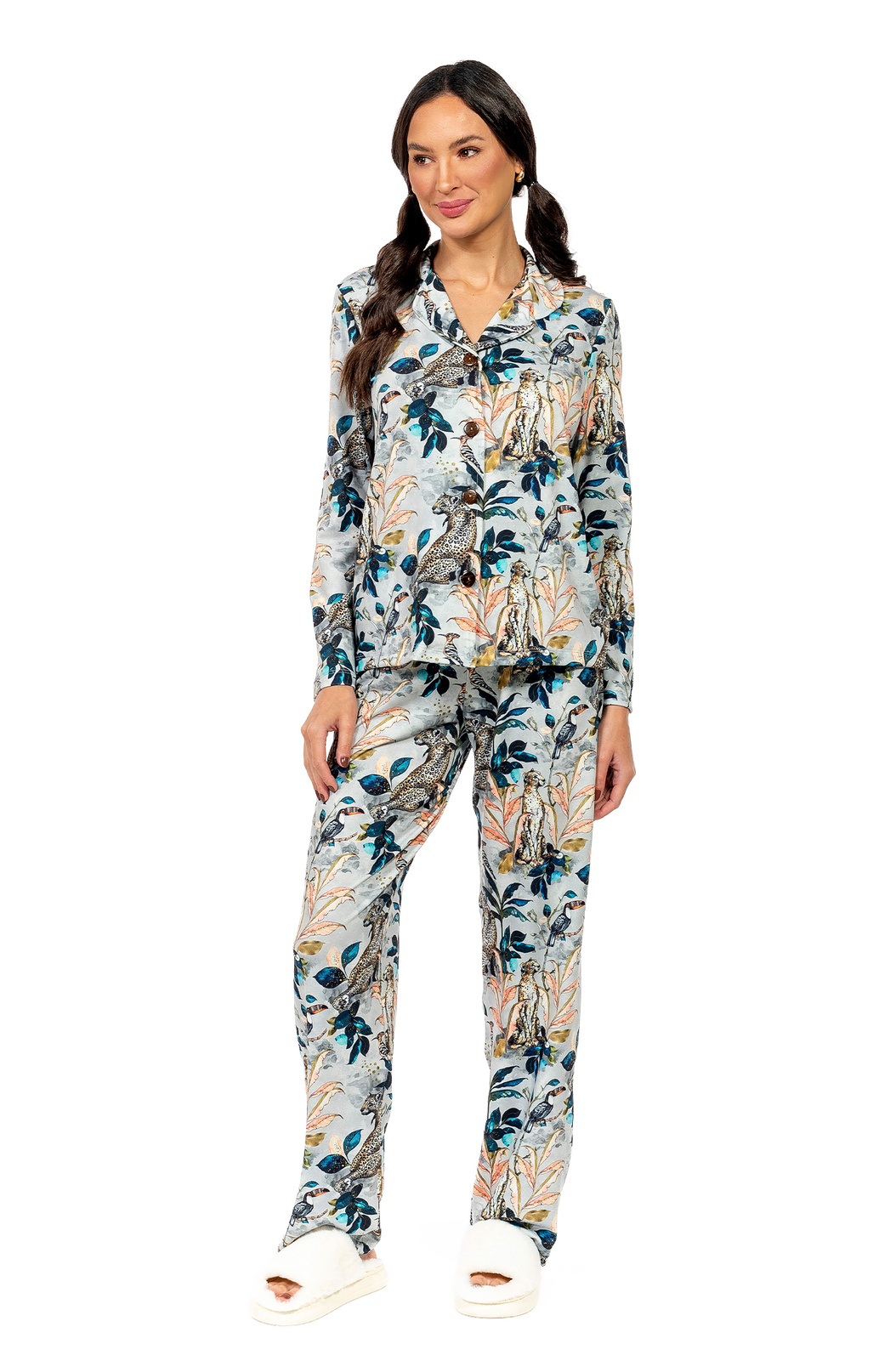 Pijama Feminino Manga Longa Americano Estampado Onça Tucano Pintura Pijama Feminino Manga Longa Americano Estampado Onça Tucano Pintura